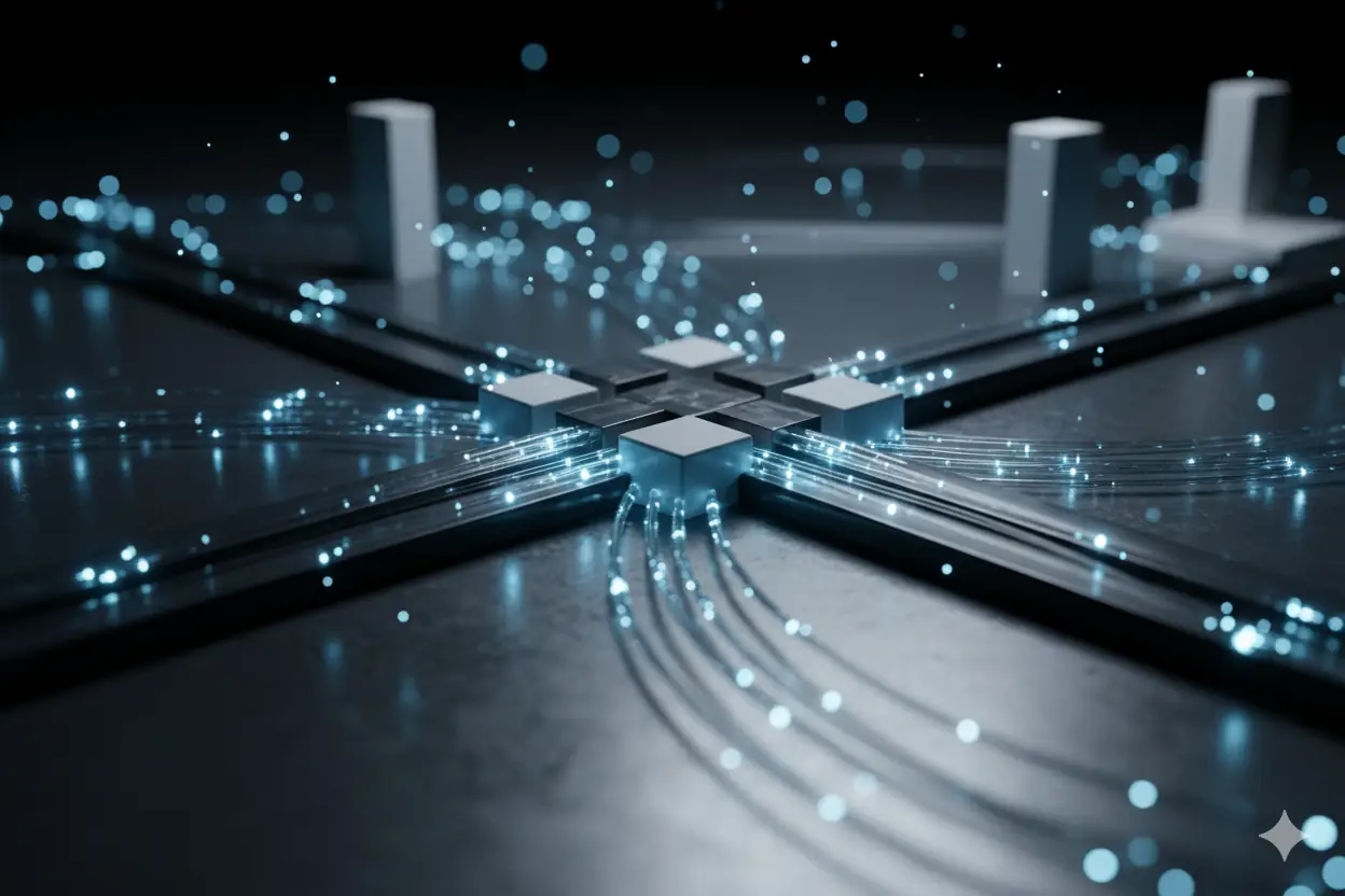 Nodos digitales conectando diferentes aplicaciones y bases de datos mediante APIs